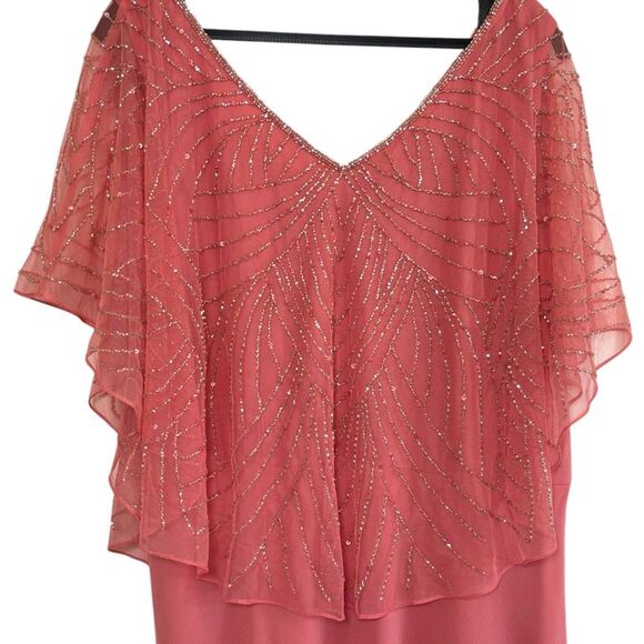 NWT J Kara Women's Geometrical Capelet Beaded Maxi Dress Coral v neck sz 18‎ - Picture 6 of 13